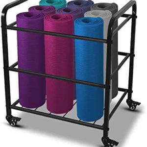 MM MELISEN Yoga Mat Storage Rack, Home Gym Studio Organizer Cart for Foam Roller, Yoga Strap and Resistance Bands, Movable Black Sports Equipment Storage Rack with Wheels