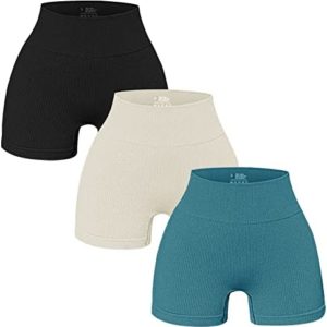 OLCHEE Womens 3 Pack Workout Biker Shorts Sets - Seamless Ribbed High Waisted Yoga Booty Shorts Tummy Control for Running Gym