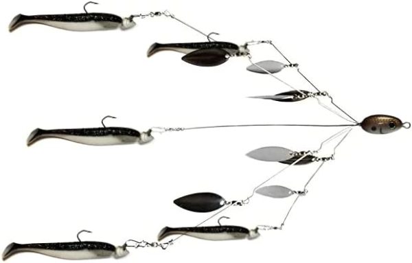 Fishing Vault Fully Rigged 5 Arms 8 Bladed Umbrella Rig Bass Lure W/ Swim Baits and Jig Heads Included