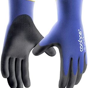 COOLJOB 12 Pairs Safety Work Gloves with Grip, Ultra-lite PU Coated Polyurethane Working Gloves for Men Women, 13 Gauge Seamless Knit for Warehouse Driver Worker, Bulk Pack Package, Small Blue