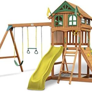 Gorilla Playsets 01-1066-Y Outing Wood Swing Set with Wood Roof and Trapeze Arm - Yellow Slide