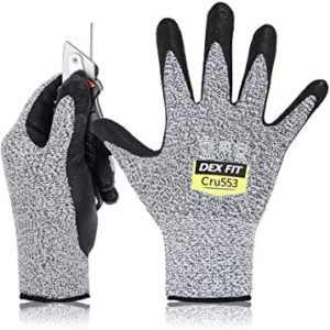 DEX FIT Level 5 Cut Resistant Gloves Cru553, 3D Comfort Stretch Fit, Power Grip, Durable, Thin, Touchscreen, Washable, Grey S (7) 1 Pair