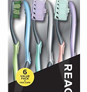 REACH Essentials Toothbrush with Toothbrush Caps, Multi-Zoned Angled Soft Bristles, Contoured Handle, Tongue Scraper, 6 Count (Pack of 1)