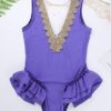 FEESHOW Kids Girls Purple Deluxe Dance Show Costume Trapeze Ruffle Leotard with Gloves Halloween Cosplay Party Outfit - Image 3