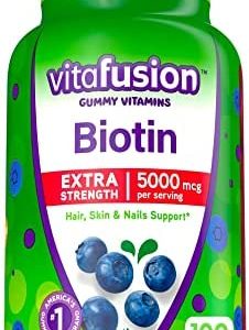 vitafusion Extra Strength Biotin Gummy Vitamins, Blueberry Flavored Biotin Vitamins for Hair, Skin and Nails, 100 Count