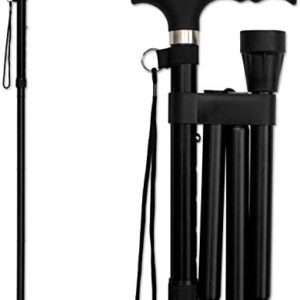 RMS Folding Cane - Foldable, Adjustable, Lightweight Aluminum Offset Walking Cane - Collapsible Walking Stick with Ergonomic Derby Handle - Ideal Daily Living Aid for Limited Mobility (Black)