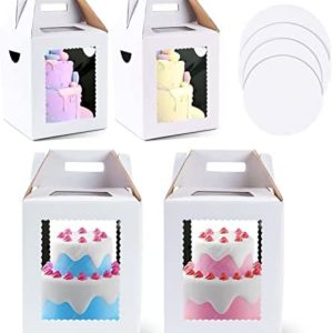 4 Pack Cake Boxes with Window and 4 Pack Cake Boards, Tall Cake Boxes with Windows In 2 Sizes (10x10x12) (12x12x14) and 4 Cake Boards. Large Tier Cake Boxes.