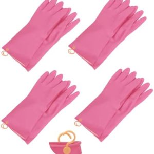 4 Pairs Reusable Waterproof Non-Slip Honeycomb Grip Latex Rubber Gloves with Hang-Dry Hooks / Hanging Loops for Dishwashing Household Cleaning Cooking (Small)