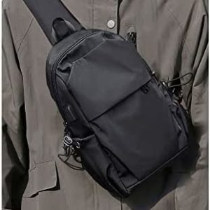 Small Black Sling Crossbody Backpack Shoulder Bag for Men Women, Lightweight One Strap Backpack Sling Bag Backpack for Hiking Walking Biking Travel Cycling USB Charger Port-Nylon