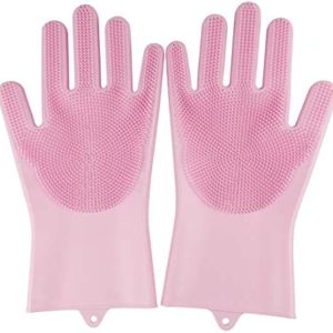 Senbor UOJO Reusable Household Cleaning Gloves and Non-Slip Grip Reusable Unlined Dishwashing Gloves Cleaning Brush (Pink-Brush), Red
