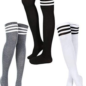 3 Pairs Triple Stripe Over the Knee Socks Extra Long Opaque Thigh High Stockings
