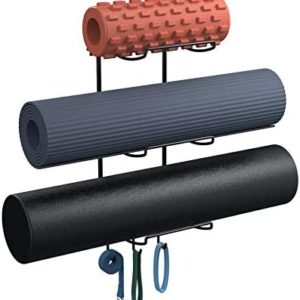 Yoga Mat Rack Wall Mount, Yoga Mat Holder Wall Mount, Yoga Mat Storage for Foam Roller and Yoga Brick, with 3 Hooks for Hanging Yoga Strap and Resistance Bands, Home Gym Decor, Gym Organization(Black)