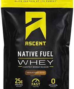 Ascent Native Fuel Whey Protein Powder - Post Workout Whey Protein Isolate, Zero Artificial Ingredients, Soy & Gluten Free, 5.7g BCAA, 2.7g Leucine, Essential Amino Acids, Chocolate Peanut Butter 2 lb