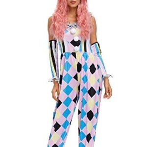 Quenny Diamond-Shaped Color Matching Pink Circus Stage Costume,Halloween Paris Women's Clown Costume.3 Pieces.