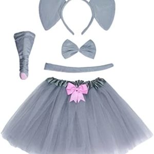 Dxhycc Gray Elephant Costume Set Elephant Ears Headband Nose Tail Bow Tie Tutu Skirt Animal Fancy Costume Kit Halloween Cosplay Party Accessories for Kids