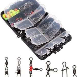 Caija-H 140pcs Fishing swivels Include 3 Way Swivel Snaps/Barrel Triple Swivel Connector Clips/Fishing Beads/Duo Lock Snaps/Rolling Barrel Fishing Swivel Snaps