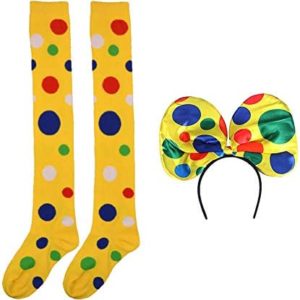 Clown Socks Long Knee High Socks Colorful Vibrant Dot Rainbow Socks with Clown Headband for Girls Women Halloween Carnival Circus Stage Costume