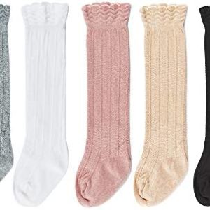 Bestjybt Baby Girls Boys Knee High Socks Cotton Newborn Infants Toddlers Cable Knit Tube Ruffled Stockings, 5 Pairs
