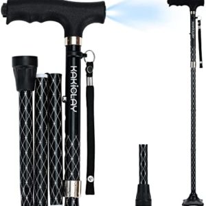 KAKICLAY Folding Walking Cane with LED Light for Men & Women, Foldable Adjustable Lightweight Aluminum Walking Stick Balancing Mobility Aid Cane