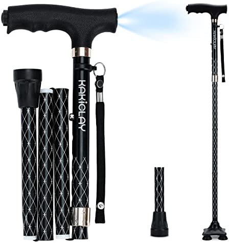 KAKICLAY Folding Walking Cane with LED Light for Men & Women, Foldable Adjustable Lightweight Aluminum Walking Stick Balancing Mobility Aid Cane