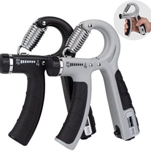 Iteneti Hand Grip Strengthener, Adjustable Training Exerciser, Finger Wrist and Forearm Strength Trainer, Hand-muscle Gripper, 11-132Lbs (5-60Kgs), Auto Counting, Gray + Black, 2 Pack