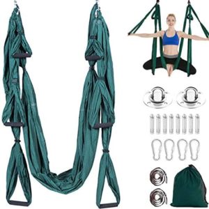 Aerial Yoga Hammock 6 Handle Set - Antigravity Yoga, Inversion Exercises, Improved Flexibility & Core Strength (Dark Green)