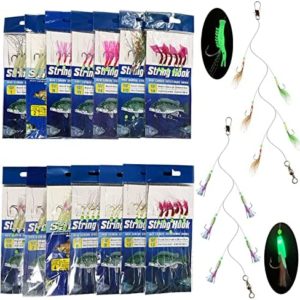 Skipaelf Sabiki Rigs Saltwater,14 Packs Fishing Lures Bait Rigs Set,Luminous Sabiki Rig with High Carbon Hooks,Soft Shrimp Real Fish Skin Fishing Rigs