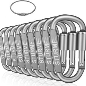 STURME Carabiner Clip Aluminum D-Ring Locking Durable Strong and Light Large Carabiners Clip Set for Outdoor Camping Screw Gate Lock Hooks Spring Link Improved Design Pack (9 Pack)