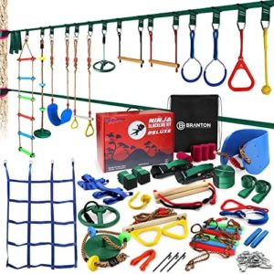 Ninja Obstacle Course Deluxe - 2X65 FT Ninja Kit with Most Complete Accessories for Kids, 2 Slacklines, Trapeze Swing, Ladder, Ninja Wheel…