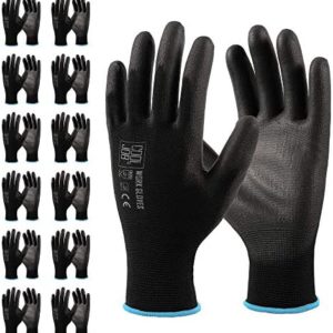 COOLJOB 12 Pairs Safety Work Gloves with Grip, Ultra-lite PU Coated Polyurethane Working Gloves for Men Women, 13 Gauge Seamless Knit for Warehouse Driver Worker, Bulk Pack Package, X-Large Black