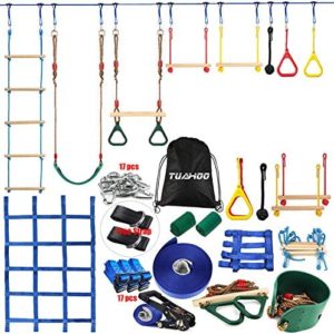 TUAHOO 50Ft Ninja Warrior Obstacle Course for Kids Adults Families Outdoor Climbing Ninja Training Slackline Obstacle Course Swing for Kids Trapeze Swing,Gym Rings, Rope Ladder, Climbing Net
