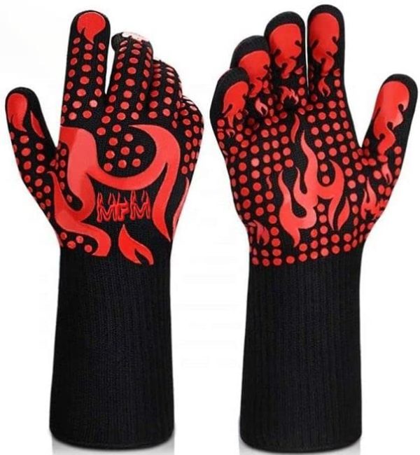 BBQ Gloves 1472℉ Extreme Heat Resistant Protective Cooking Gloves with Silicone Non-Slip Grip for BBQ Cooking/Baking/Smoker/Fireplace/Fire Pit/ Size Medium - Color is Red (Medium, Red)
