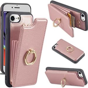 DONBAO Compatible with iPhone SE 2022/iPhone SE 2020/7/8 Case Wallet with Card Holder, 360°Rotation Finger Ring Holder Kickstand Protective PU Leather Flip Shockproof Cover 4.7 Inch (Rose Gold)