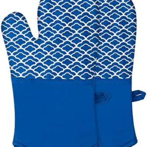 Tuff4ever Oven Mitts Heat Resistant Extra Long Silicone Oven Gloves with Non-Slip Silicone Grip and 100% Cotton Lining for Baking Cooking BBQ (1 Pair-Blue)