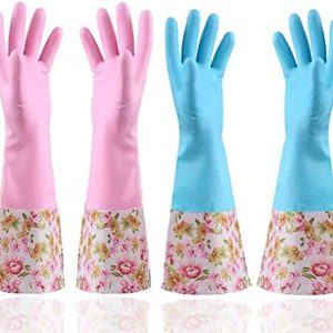 Reusable Dishwashing Gloves,Kitchen Latex Cleaning Gloves, Rubber Waterproof Dishwashing Long Gloves Large 2 Pairs, Flock Lining and Non-Slip Swirl Grip