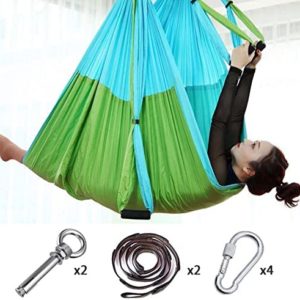 QueenLine Full Set 6 Handles Anti-Gravity Aerial Yoga Ceiling Hammock Flying Swing Trapeze Yoga Inversion Device Home Gym Hanging Belt Sky Blue with Green Russian Federation