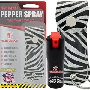 FIGHTSENSE Self Defense Pepper Spray - 1/2 oz Compact Size Maximum Strength Police Grade Formula Best Self Defense Tool for Women W/Leather Pouch Keychain