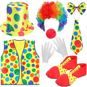 Clown Costume Set of 8, Include Red Clown Nose, Clown Shoes, Clown Vest, Clown Hat, Clown Wig, Clown Bow Tie and White Gloves Clown Accessories for Kids Adult Carnivals Halloween Funny Pretend Play