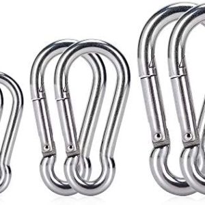 6PCS Spring Snap Hooks Carabiner- 304 Premium Stainless Steel Heavy Duty Carabiner Clips Assorted Sizes (2, 2.36, 3.15 inch) for Camping, Fishing, Hiking, Traveling, Backpack, Keychain; Silver