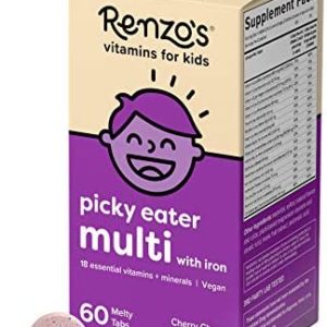 Renzo's Picky Eater Kids Multivitamin - Vegan Multivitamin for Kids with Iron, Vitamin C, and Zero Sugar, Dissolvable and Easy To Take Kids Vitamins, Cherry Flavored Childrens Vitamins [60 Melty Tabs]