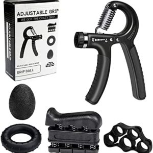 Grip Strength Trainer Workout Kit- Adjustable Resistance Hand Gripper, Finger Exerciser, Finger Stretcher, Grip Ring & Stress Relief Grip Ball- Hand Excersize Grip Strengthener For Athletes (5 Pack)