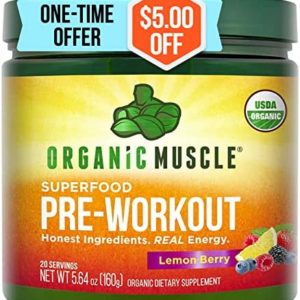 Organic Muscle Natural Pre Workout Powder for Energy, Performance, Endurance - USDA Organic Pre-Workout for Men & Women - Keto, Vegan, Non-GMO, Clean Pre Workout -Lemon Berry - 160g