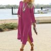 Women's Fall Fashion 2022 Casual Solid Color Loose Long Sleeves Pocket O-Neck Shirt Dress Sleeve - Image 2