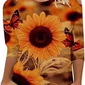 Womens Summer Tops Slim Pullover Blouses Round Neck Casual Landscape Painting Pattern Tunic 3/4 Sleeve Fit Tees