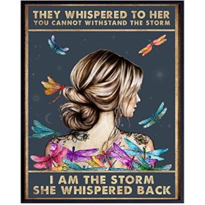 They Whispered to Her You Cannot Withstand The Storm - Positive Motivational Uplifting Encouragement Gifts for Women Teens - Inspirational Quote Wall Art - Boho Decoration Print - Dragonfly Wall Decor