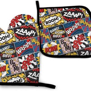 ACOGO pop Art Boom Heat Resistant Hot Oven Mitts & Pot Holders for Kitchen Gift Set with Non-Slip Textured Grip Set of 2, Oven Gloves for BBQ Cooking Baking, Grilling