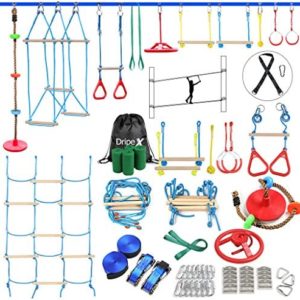 Dripex Ninja Warrior Obstacle Course for Kids - 2X60FT Slacklines with Most Complete Accessories for Kids, Climbing Rope Swing, Trapeze Swing, Ninja Wheel, Webbing Ladder Plus 1.2M Arm Trainer