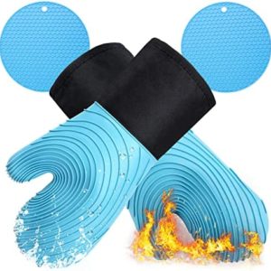 Silicone Oven Mitts and Extra Long Pot Holders Set-TREBLEWIND Oven Gloves Heat Resistant to 500℉,Kitchen Cooking Gloves Non-Slip Grip Textured Silicon Mitt,Light Blue