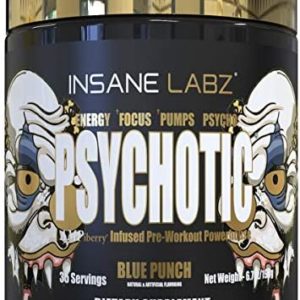 Insane Labz Psychotic Gold, High Stimulant Pre Workout Powder, Extreme Lasting Energy, Focus, Pumps and Endurance with Beta Alanine, DMAE Bitartrate, Citrulline, NO Booster, 35 Srvgs