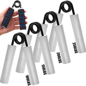 4 Pack Metal Hand Grip Set 100 to 250 Lb Soft Foam Hand Exerciser Non Slip Heavy Duty Grip Strengthener for Hand Forearm and Fingers, Silver Stainless Steel